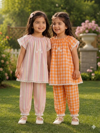 {2 টি টপস + 2 টি পেন্ট} Kids Co-ord set combo -Orange check+ rainbo Strip
