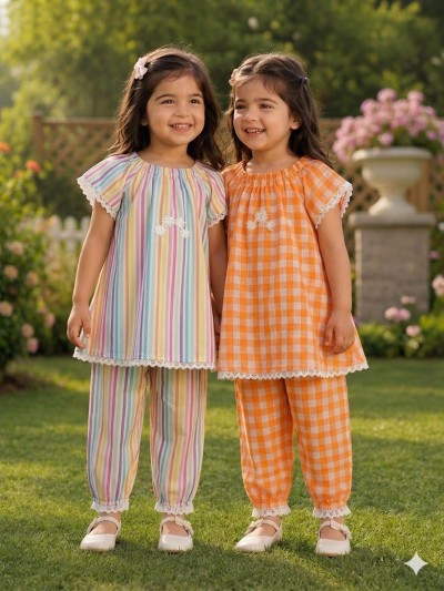 {2 টি টপস + 2 টি পেন্ট} Kids Co-ord set combo -Orange check+ rainbo Strip