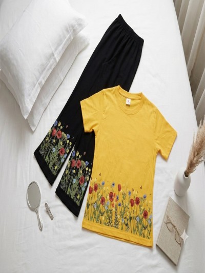 1 set- (Yellow T-shirt with Black pent printed)