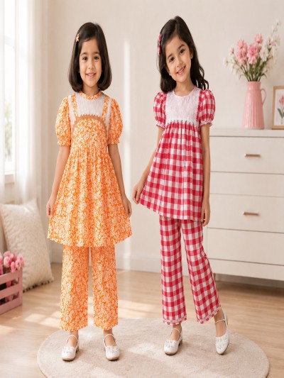 Orange floral + Red check (2 set combo)